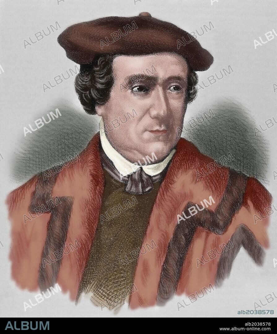 LUTERO (Martin Luther) (1483-1546). Reformador alemán. Doctor en Teología y sacerdote agustino. En 1517 expuso las tesis principales del luteranismo en Wittenberg. Fue excomulgado en 1520 y en 1521 condenado al ostracismo por el Imperio. Siglo XVI. Grabado del siglo XIX. Coloreado.