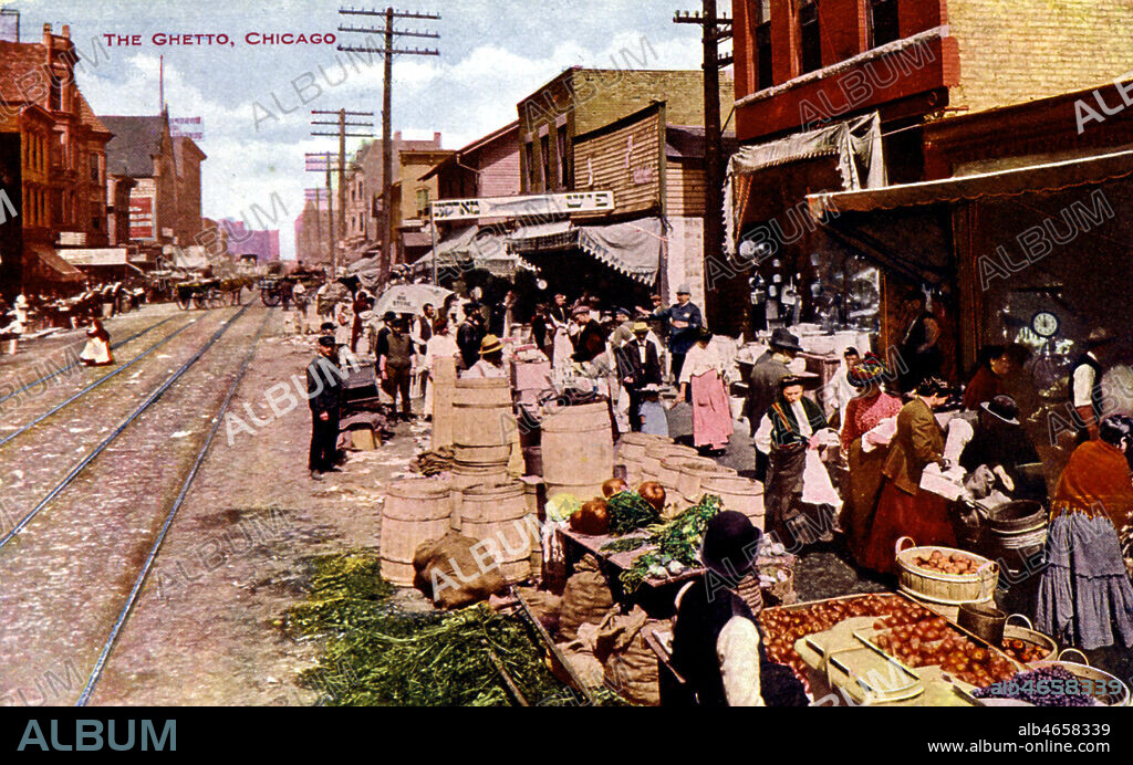 Vue du ghetto juif de Chicago. Photographie anonyme pour une carte postale vers 1910. credit : Collection Jewish Memories/Kharbine-Tapabor.