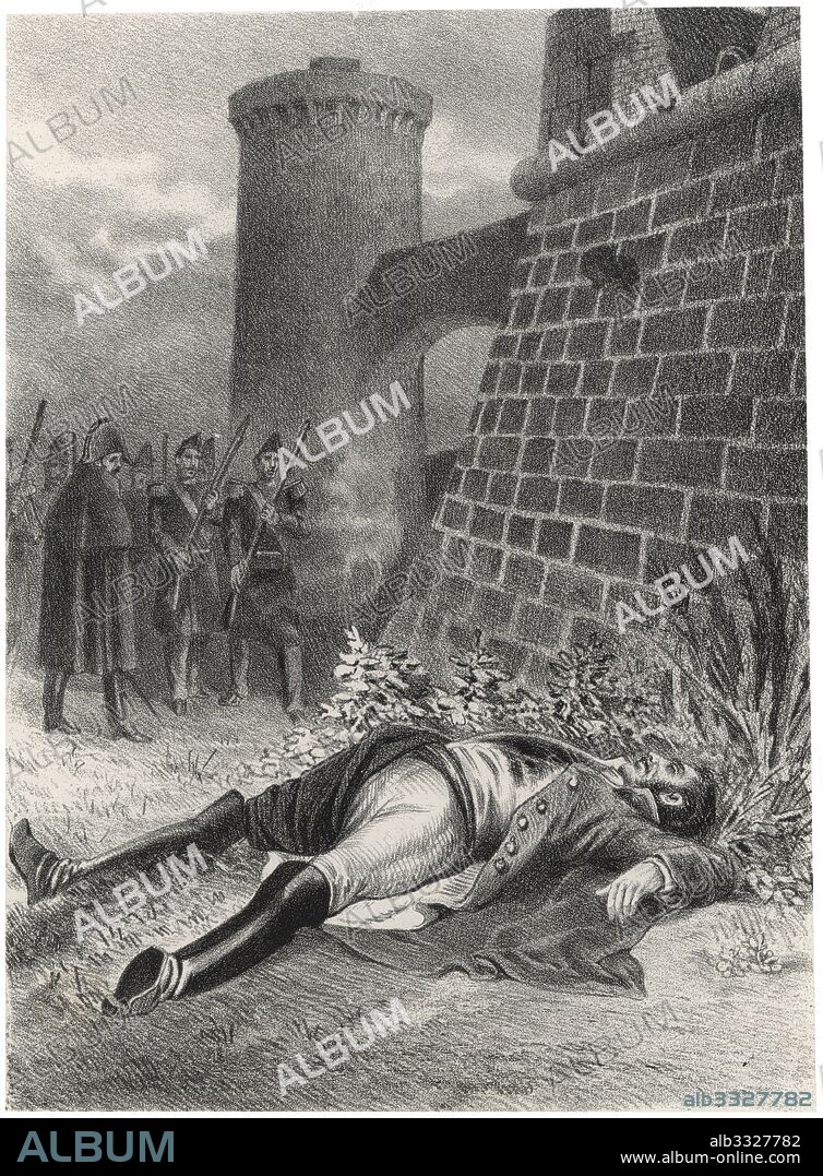 Historia de España. Fusilamiento del general Luis de Lacy Gautier (1772-1817), militar español, en el castillo de Bellver, en Mallorca en 1817. Grabado de 1880.