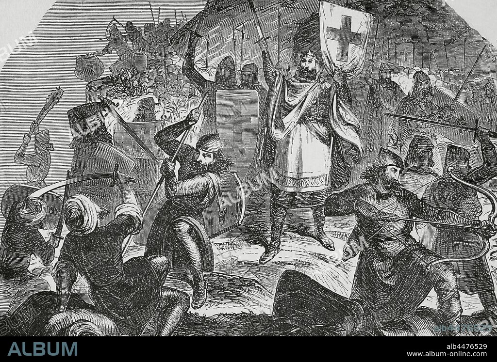 History of Spain. Battle of Covadonga, 722. It was the first victory won by Christian military forces in Iberia after the Islamic conquest of Hispania. Illustration by Fernando Miranda. Engraving by Ricord, 19th century. Detail. Cronica General de Espa–a, Historia Ilustrada y Descriptiva de sus Provincias. Asturias and Leon, 1867.