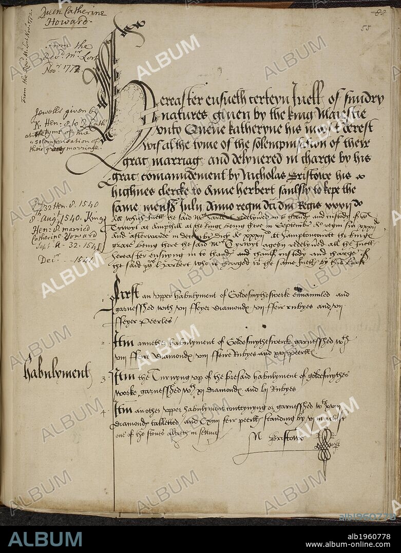Inventory of Catherine Howard's Jewels. Stowe 559, f.55. Inventory of Catherine Howard's Jewels. . Source: Stowe 559, f.55.