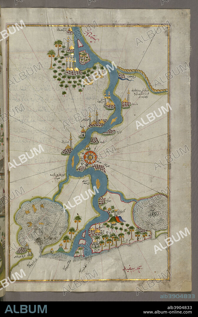 PIRI REIS. Map of the River Nile From Its Estuary South. Date/Period: Ottoman. Illuminated manuscripts; folios (leaves); maps. Ink and pigments on laid European paper ink and pigments on laid European paper. Height: 35.80 mm (1.40 in); Width: 65.50 mm (2.57 in).