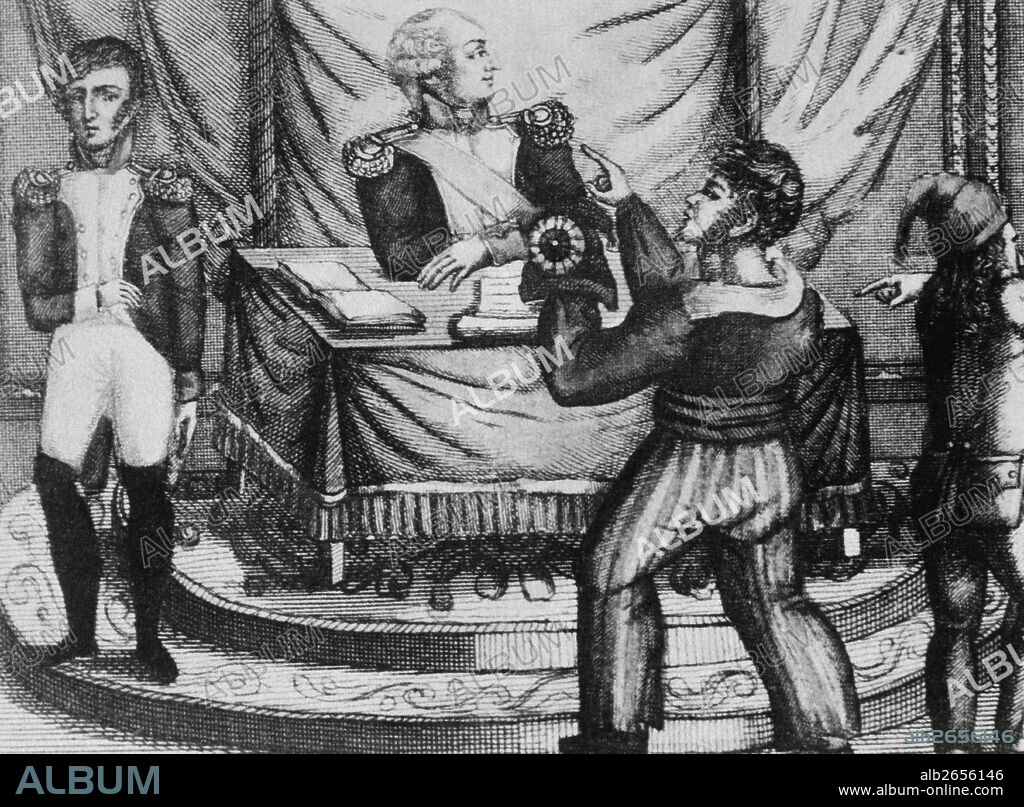 French Revolution. 1789-1799. Sansculottes offering the Phrygian cap, symbol Revolution, to King Louis XVI (presoner). Engraving.
