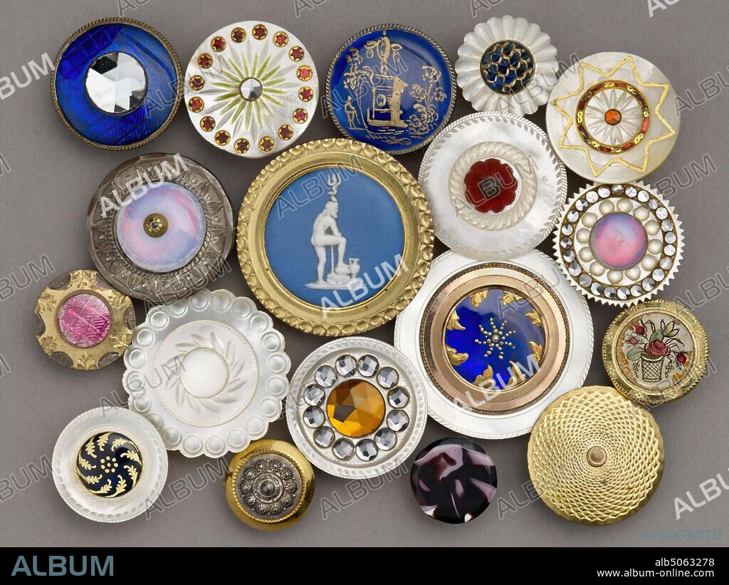 buttons are part of the Luckcock Collection, over 500 buttons collected by James Luckcock, a jeweller and button maker in St Paul's Square, Birmingham in the 1780s. Dating from between around 1770 and 1830, they were made at a period when Birmingham buttons had an international reputation. The Luckcock Collection is almost entirely composed of buttons made to be worn on men's coats or waistcoats., Social history, Manufacturers, Round, Birmingham history, Costume, Button, Haberdashery.