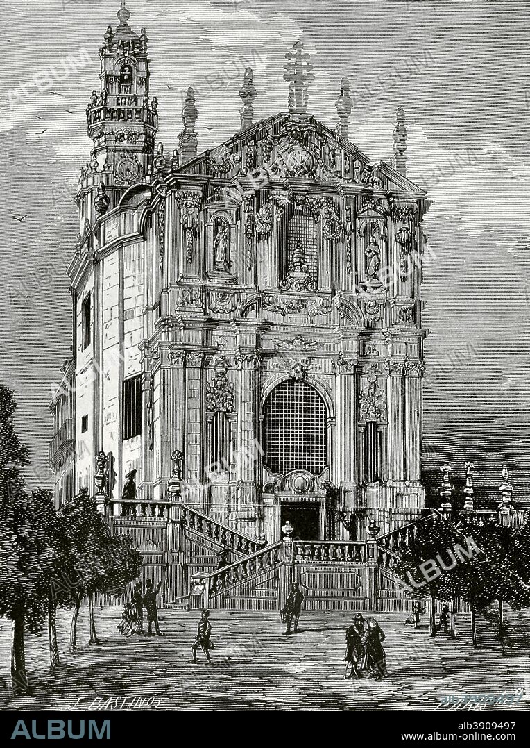 Portugal, Porto. Clerigos Church. Its construction began in 1732 and was finished in 1750. It was built for the Brotherhood of the Clerigos (Clergy) in Baroque style by the Italian architect Nicolau Nasoni (1691-1773). The bell tower, called Torre dos Clerigos, was the tallest building in Portugal when it was completed in 1763 by the same architect, Nicolau Nasoni. Drawing by J. Bastinos. Engraving by Marcelo Paris. La Ilustracion Espa–ola y Americana, July 30, 1876.