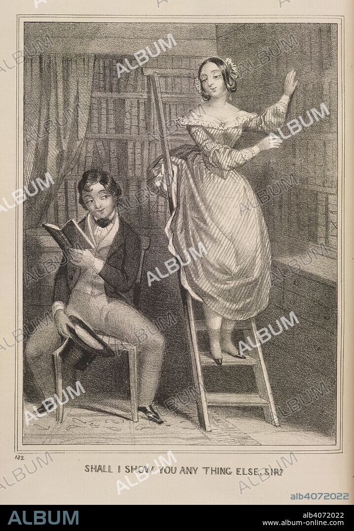 'Shall I show you anything else, sir?'. A woman librarian on a step ladder. A man reading a book, while peeping up her skirt. The Exquisite. A collection of tales, histories and essays Illustrated with numerous engravings. London, [1842-44.]. Source: P.C.20.b.1-3 volume 3, opposite page 217. Language: English.