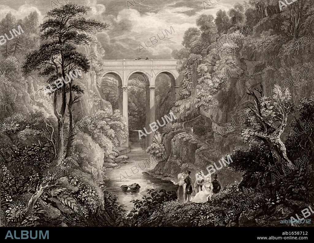 Road bridge across Mouse Water, at Cartland Crags (Cartlane Craigs), near Lanark, Scotland. Built by the Scottish civil engineer Thomas Telford (1757-1834), it was completed in 1822. Engraving after the picture by John Fleming (active 1830).  (Photo by: Universal History Archive/UIG via Getty Images).