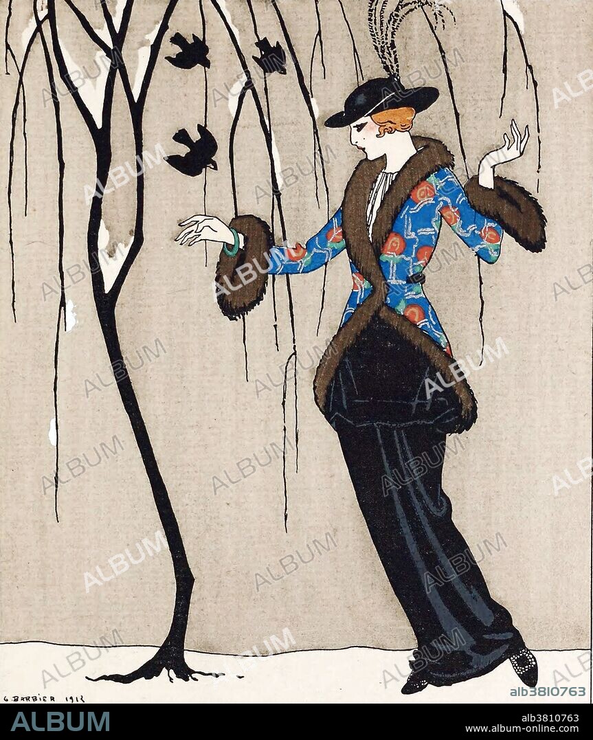 Entitled: "Paquin dress illustration by George Barbier, 1912." Jeanne Paquin (1869 - 1936) was a leading French fashion designer, known for her resolutely modern and innovative designs. She trained as a dressmaker at Rouff and later opened her own fashion house in 1891. The Maison Paquin quickly became known for its 18th century inspired pastel evening dresses and tailored day dresses, as well as for its numerous publicity stunts, including organizing fashion parades to promote her new models and sending her models to operas and races in order to show off her designs. George Barbier (October 10, 1882 - March 16, 1932) was one of the great French illustrators of the early 20th century. By 1911 he was at the forefront of his profession with commissions to design theater and ballet costumes, to illustrate books, and to produce haute couture fashion illustrations. For the next 20 years Barbier led a group from the Ecole des Beaux Arts. He died in 1932 at the very pinnacle of his success.
