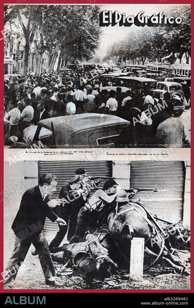 España. Guerra civil (1936-1939). Reportaje de la revista Dia Gráfico con imágenes de la formación de la columna de voluntarios para combatir a los sublevados en Zaragoza, y fuerzas de asalto disparando tras una barricada formada por caballos tendidos en el suelo. Barcelona, 1936.