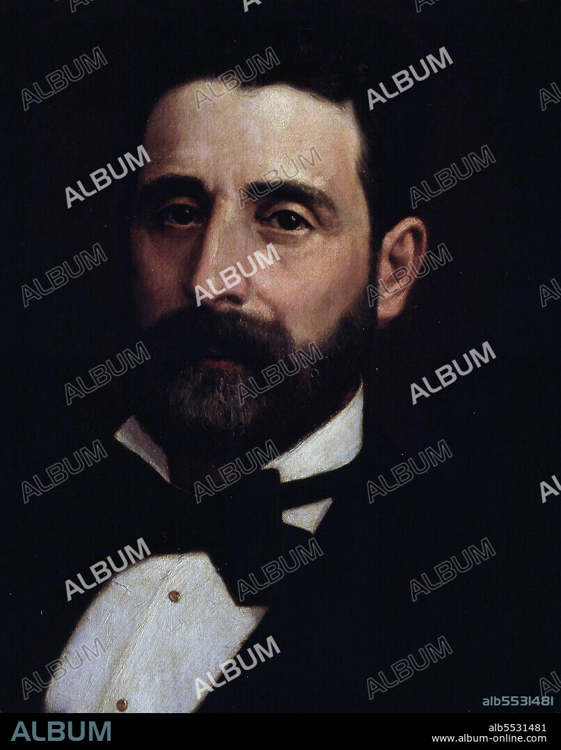 JOSÉ SÁNCHEZ PESCADOR. NUÑEZ DE ARCE , GASPAR. ESCRITOR ESPAÑOL . VALLADOLID 1834 - 1903. OLEO DE JOSE SANCHEZ PESCADOR . TEATRO ESPAÑOL . MADRID.