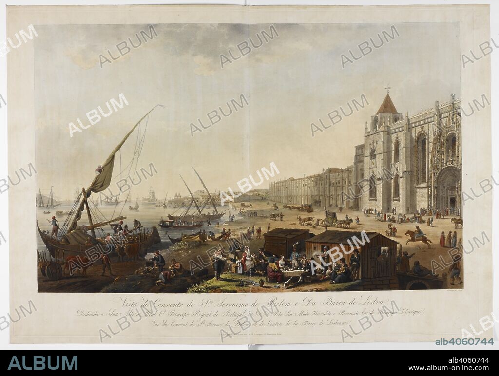 H L' EVEQUE. The monastery of St Jerome, Belem, Lisbon. A view of the seafront  showing many activities. . Vue du Couvent de St. Jerome de Belem, et de l'entreÌe de la Barre de Lisbonne. 1816. A group of people are eating and drinking. Fishermen are carrying a net. A cargo of logs is being delivered. Coaches are arrivng and departing in front of the cathedral. Tradesmen are selling their goods. Source: Maps.K.Top.74.67.g. Language: French.