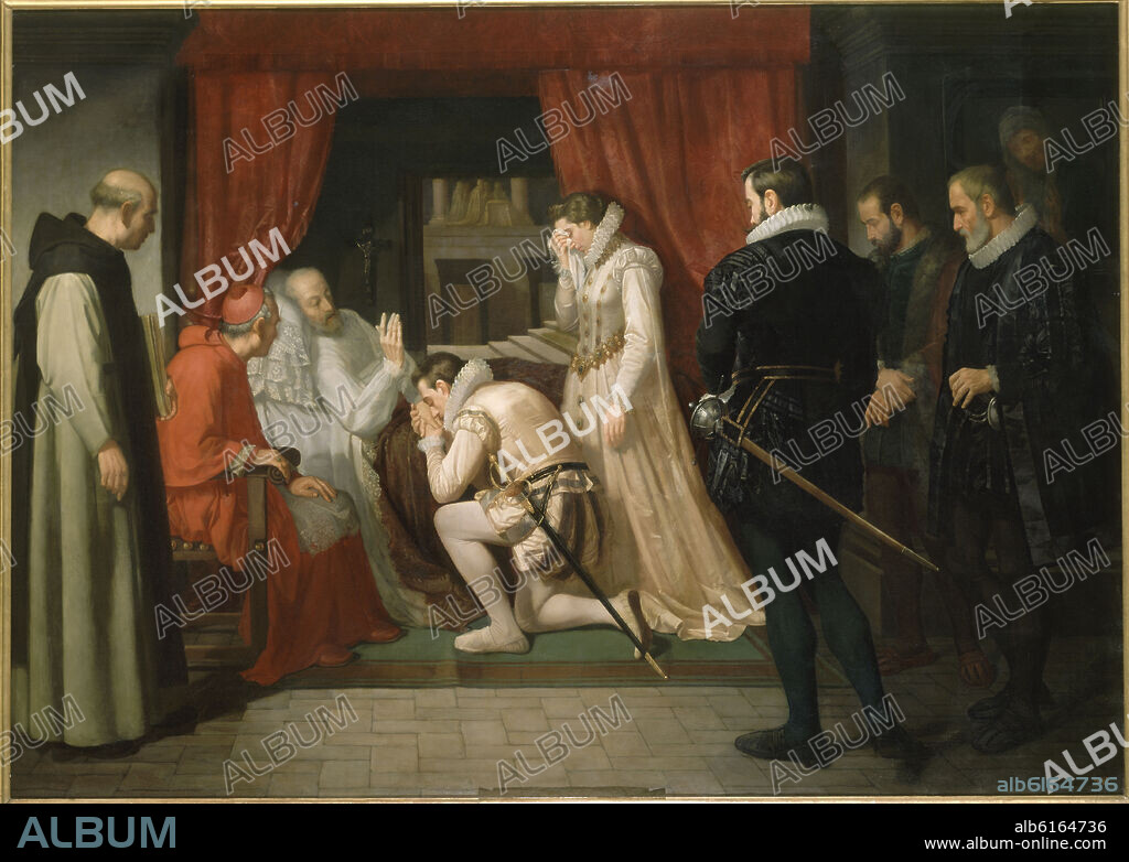 FRANCISCO JOVER CASANOVA (1836-1890). ULTIMOS MOMENTOS DE FELIPE II - 1864 - O/L - 1,50 x 2,12 - Nº INVENTARIO 13 - PINTURA HISTORICISTA.