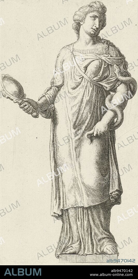 Statue of Prudentia (Prudence) on the façade of the City Hall on Dam Square, Hubert Quellinus, after Artus Quellinus (I), 1719 - 1783, Statue of Prudentia, the personification of Prudence, on the left of the tympanum on the façade (east side) of the City Hall on Dam Square in Amsterdam. In one hand a mirror, in the other a snake. Numbered bottom right: XII., print maker: Hubert Quellinus, Hubert Quellinus, Artus Quellinus (I), Amsterdam, 1663 and/or 1719 - 1783, paper, etching, engraving, h 323 mm × w 200 mm.