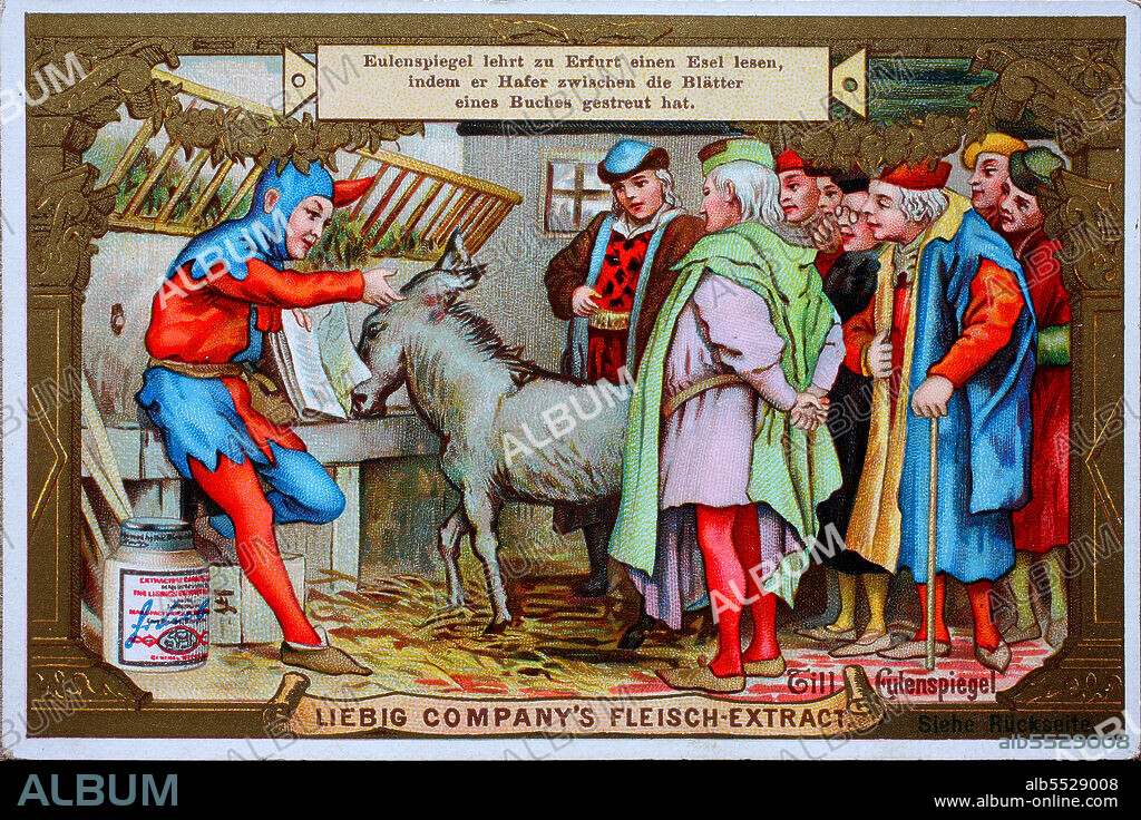 Series Till Eulenspiegel, Eulenspiegel teaches a donkey to read in Erfurt, in which he sprinkled oats between the leaves of a book.