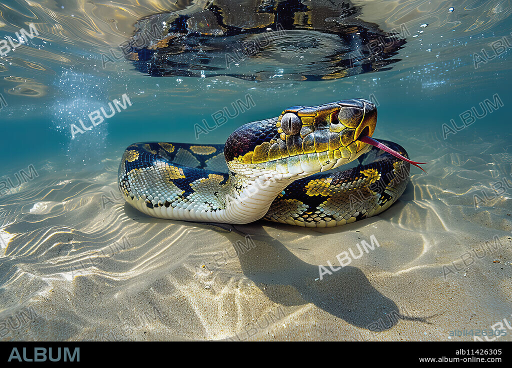 Large anaconda swimming under water, AI generated.