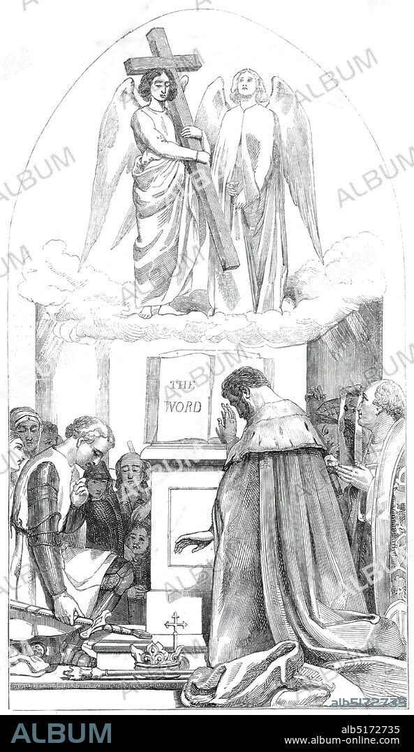 Cartoon (35) Religion - by J.C. Horsley - executed by commission - from the exhibition in Westminster Hall, 1845. Knights kneeling before the Holy Bible, one '...of the finest works in this Exhibition of National Genius..."Religion exemplified in the faith and hope of the Cross of Christ, in the subjection of all earthly power and human distinctions to His will, and in the dependance of all estates and conditions of men on His WORD. (Cartoon.) John Callcott Horsley. ("Catalogue," page 8.)...The composition includes a terrestrial and celestial group; the latter being arranged in an attitude of devotional awe round an altar, on which The Book is opened...Mr. Horsley has, we understand, been elected by the Committee of the School of Design, to succeed Mr. Herbert as drawing-master'. From "Illustrated London News", 1845, Vol VII.