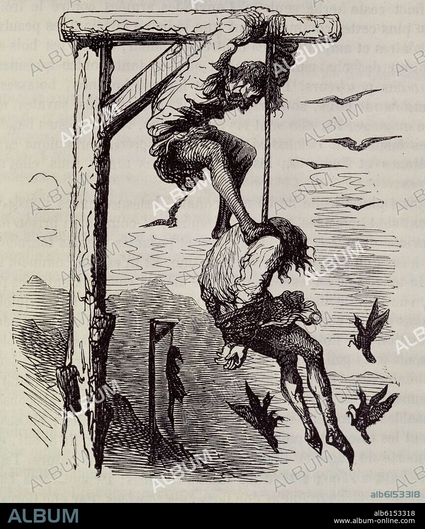 GUSTAVE DORE (1832-1883). GARGANTUA Y PANTAGRUEL DE FRANÇOIS RABELAIS - GRABADO DE AHORCADO - SIGLO XIX.