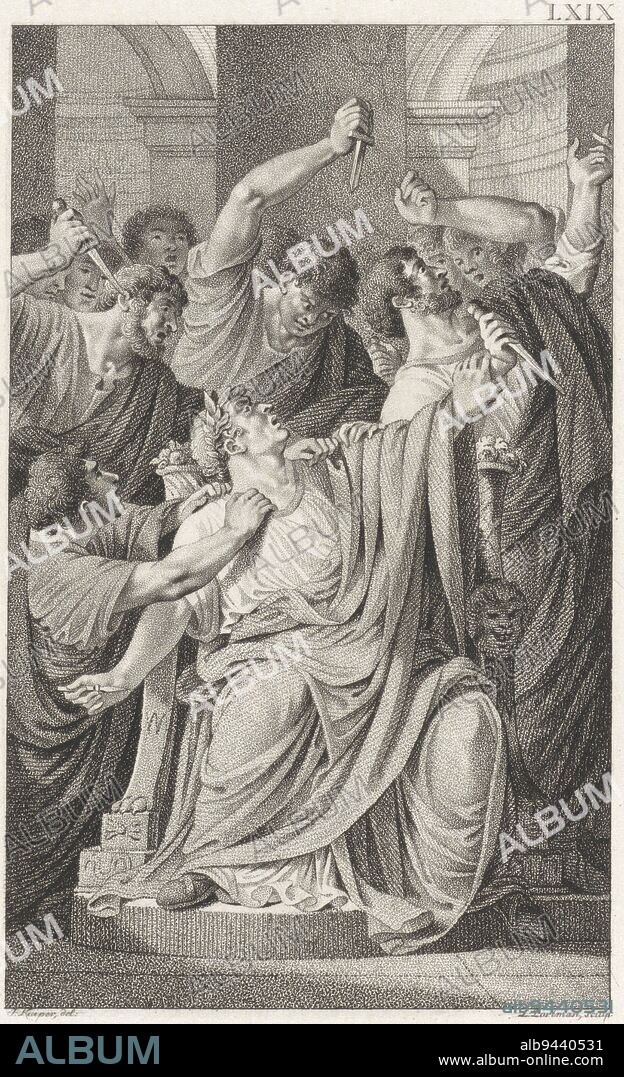 Julius Caesar is assassinated by Marcus Brutus and other political opponents during a Senate meeting. Assassination of Julius Caesar, print maker: Ludwig Gottlieb Portman, (mentioned on object), intermediary draughtsman: Jacques Kuyper, (mentioned on object), Amsterdam, 1801, paper, etching, h 210 mm × w 128 mm.