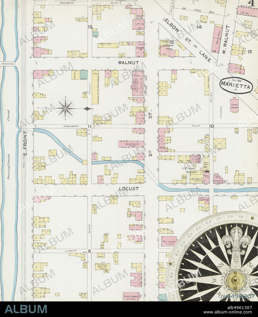 Image 4 of Sanborn Fire Insurance Map from Marietta, Lancaster County, Pennsylvania. Aug 1891. 6 Sheet(s), America, street map with a Nineteenth Century compass.
