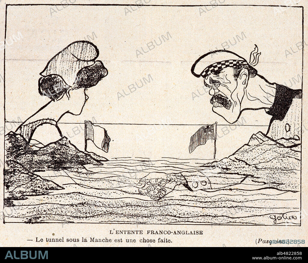 'L'entente franco-anglaise. Le tunnel sous la Manche est une chose faite'. Marianne et John Bull se serrent la main sous l'eau. Caricature par Pasquino tiree de la revue Le Rire du 12 janvier 1907. Credit : Collection KHARBINE-TAPABOR.