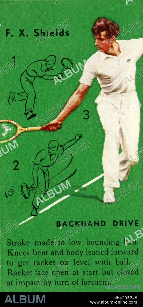 'F. X. Shields - Backhand Drive', c1935. From Tennis - An Album of Famous Players in Action, by Gordon R. Weddell. [John Player & Sons, , c1935].