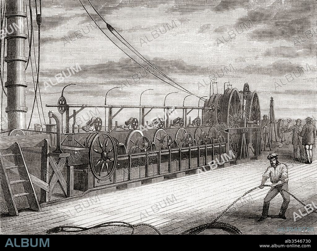 The transatlantic telegraph cable unwinding unit aboard the S.S. Great Eastern, 1865. From Les Merveilles de la Science, published c.1870.