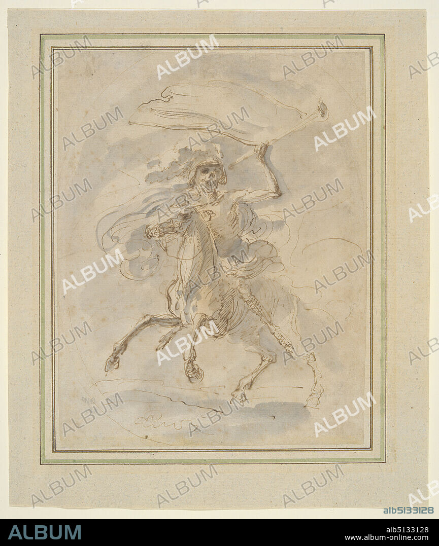 Artist: Stefano Della Bella, Italian, 16101664, Death on a Horse, study for the etching in the Five Deaths series, ca. 1648, Pen and brown ink and grey wash, 20.1 × 15.4 cm (7 15/16 × 6 1/16 in.), Italian, 17th century, Works on Paper - Drawings and Watercolors.