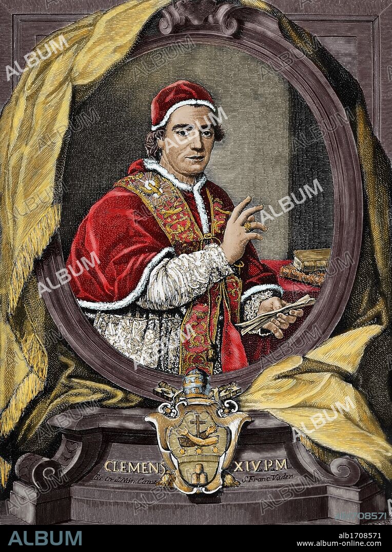 CLEMENTE XIV (1705-1774). Papa italiano, de nombre Giovanni Vincenzo Antonio Ganganelli, elegido en 1769. Grabado coloreado.