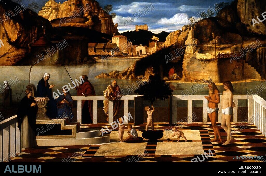 GIOVANNI BELLINI. Allegoria sacra / Sacred Allegory. Date/Period: From 1490 until 1499. Painting. Oil on panel. Height: 73 cm (28.7 in); Width: 119 cm (46.8 in).