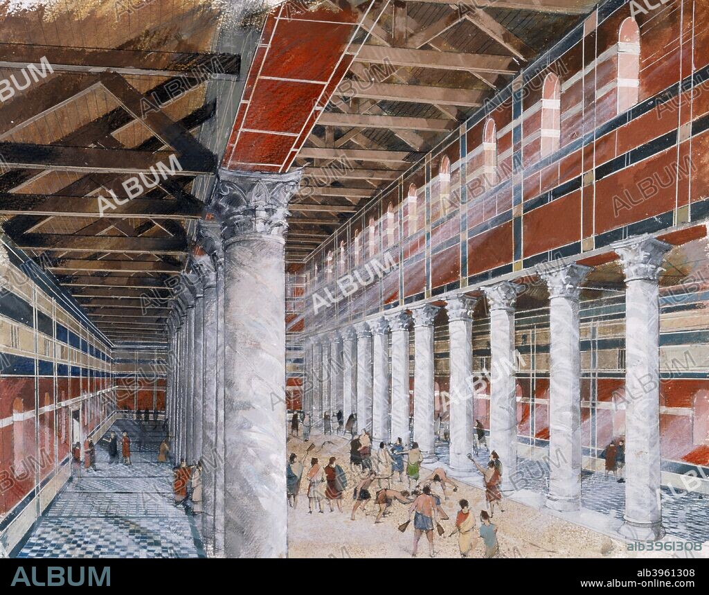 Baths basilica, Wroxeter Roman City, c1st-3rd century, (1990-2010). Wroxeter Roman City, Shropshire. Reconstruction drawing of the interior of the baths basilica as it may have looked in the 1st-3rd century. The Roman city of Viroconium Cornoviorum, complete with bath and forum was the fourth largest city in Roman Britain.