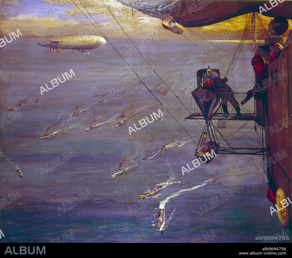 A Convoy in the North Sea from NS.7. - by Sir John Lavery RA RSA ( 1856-1941 ) - painted from an airship off the coast of Norway - Imperial War Museum. Two airmen look out towards the lower left of the composition, and another walks out onto the rigging behind them. There is another airship in the distance.. ©TopFoto.