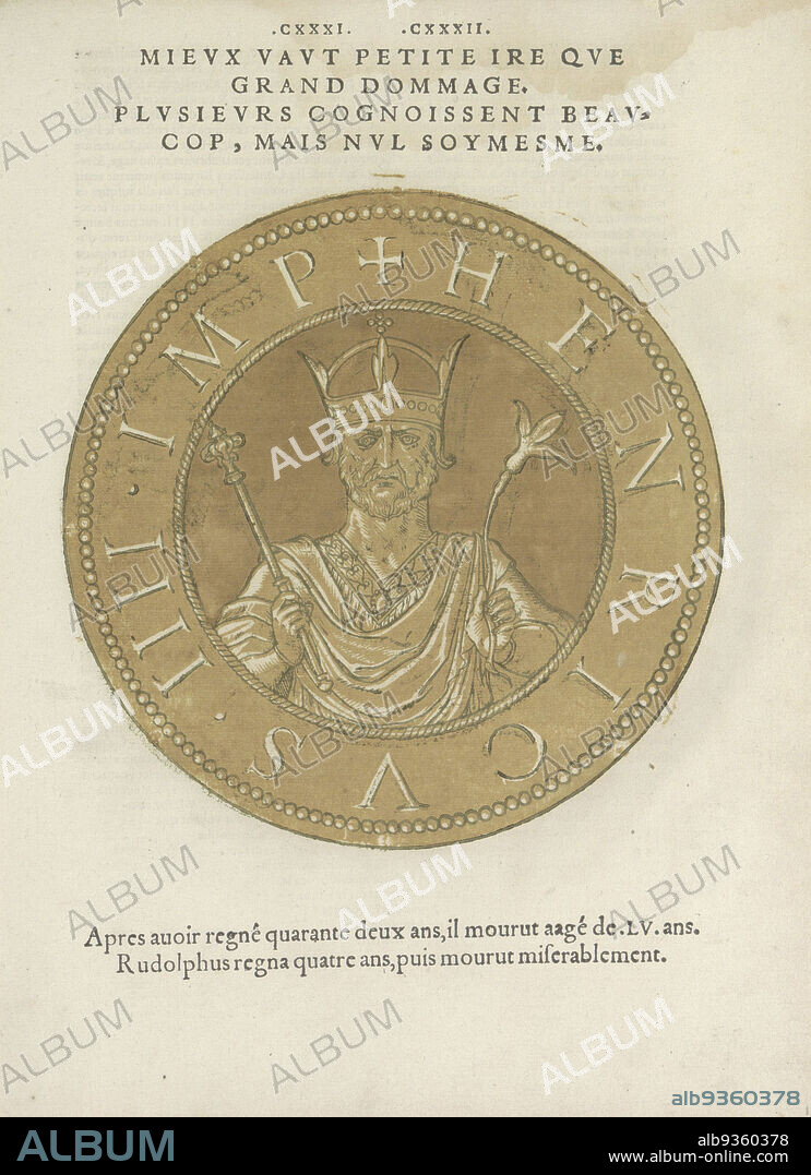 Portrait of Emperor Henry IVLes images presque de tous les empereurs (series title), Portrait of Emperor Henry IV, on a coin with edge lettering. The print is part of a book on the emperors from Julius Caesar to Charles V and his brother Ferdinand., Joos Gietleughen, print maker: Hubert Goltzius, Antwerp, 1557 and/or 1559, paper, letterpress printing, height 176 mm × width 176 mm.