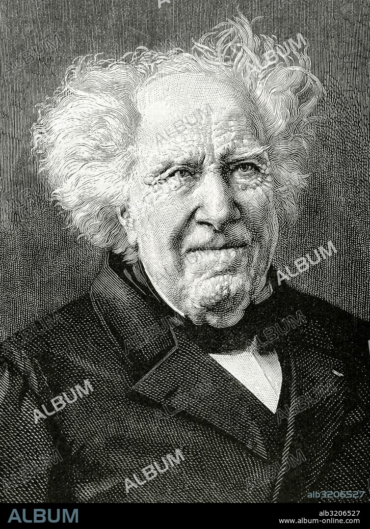 Michel Eugéne Chevreul (1786-1889). Químico francés. Conocido por sus trabajos en la sístesis de ácidos grasos y por su teoría sobre los colores. Retrato. Grabado por H. Thiriat. La Ilustración Artística, 1886.