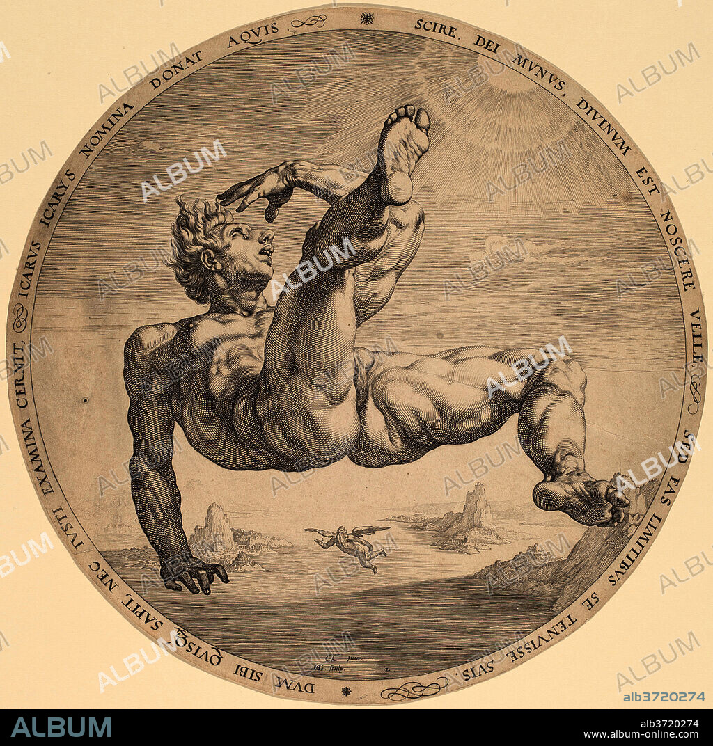 HENDRIK GOLTZIUS, AFTER CORNELIS CORNELISZ VAN HAARLEM. Icarus. Dated: 1588. Dimensions: sheet: 32.8 x 33 cm (12 15/16 x 13 in.) (trimmed to plate mark). Medium: engraving on laid paper.