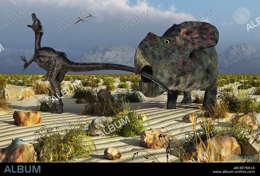 A herbivorous Protoceratops defending itself from an attacking carnivorous Velociraptor.