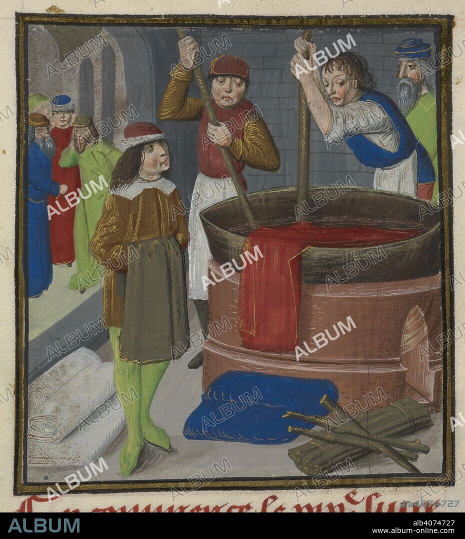 BARTHOLOMAEUS ANGLICUS, JEAN DU RIES and JEAN CORBECHON. Dyers soaking red cloth in a heated barrel. Des Proprietez des Choses (Volume II). S. Netherlands (Bruges); 1482. Source: Royal 15 E. III, f.269. Language: French.