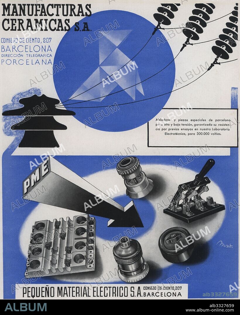Publicidad. Manufacturas Cerámicas S.A. y Pequeño Material Eléctrico S.A., de Barcelona. Año 1940.