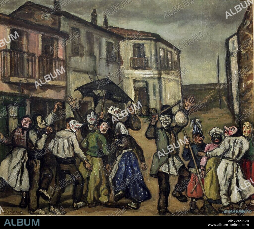 JOSE GUTIERREZ SOLANA. . PINTOR ESPAÑOL. MADRID 1886-1945. . MASCARAS EN LA CALLE , AÑO 1933. COLECCION PARTICULAR. . ATENCION: AUTOR CONTEMPORANEO SUJETO A COPYRIGHT ©. EL CLIENTE FINAL ES RESPONSABLE DE LA GESTION DE LOS DERECHOS DE AUTOR CON LAS SOCIEDADES EXISTENTES DE GESTION DE DERECHOS O DIRECTAMENTE CON LOS ORGANISMOS TITULARES DE LOS MISMOS.
