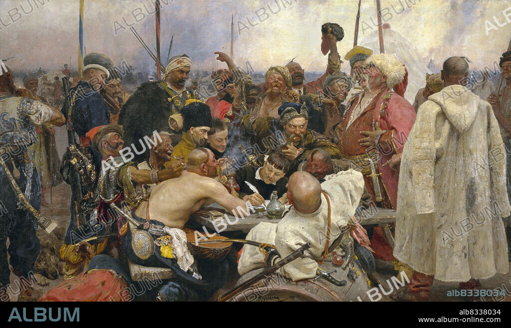 Die Saporoger Kosaken schreiben dem tºrkischen Sultan einen Brief, Gem§lde von Ilja Repin, 1891 / Zaporozhian Cossacks write a letter to the Turkish Sultan, painting by Ilya Repin, 1891, Historisch, historical, digital improved reproduction of an original artwork from the time / digital restaurierte Reproduktion einer Originalvorlage aus der damaligen Zeit, genaues Originaldatum nicht bekannt.