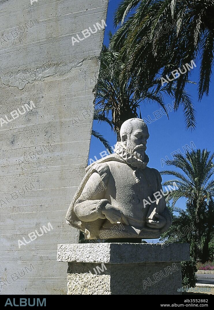 Miguel de Cervantes (1547-1616). Spanish writer. Author of Don Quixote. Monument to Cervantes in tribute for his landing in Denia after his captivity in Algiers, 1580. Denia, province of Alicante, Community of Valencia, Spain.