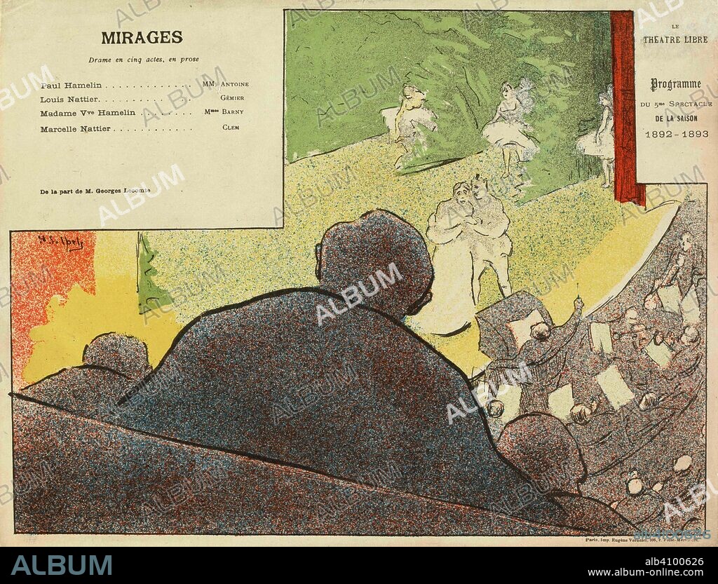 HENRI GABRIEL IBELS. Theatre programme for Mirages by Georges Lecomte (Théâtre Libre, 27 March 1893). Dimensions: 24 cm x 31.3 cm, 22.9 cm x 30.3 cm.