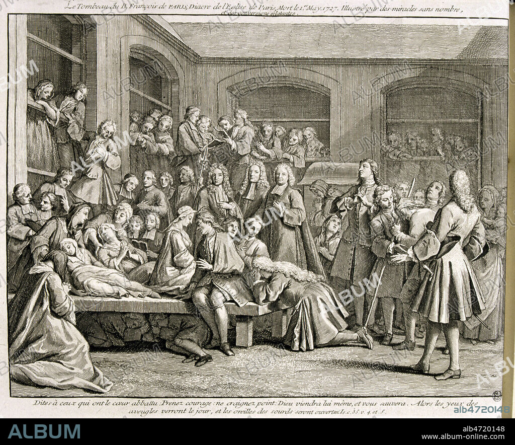 Convulsionnaires au Cimetiere de Saint Medard sur la tombe du diacre Francois de Paris. Assemblee de malades et d'exaltes sur le tombeau du diacre Paris. Gravure tiree de l'ouvrage de Carre de MONTGERON (1686-1754) 'La verite sur les miracles de M. de Paris' publie en 1739 (18e, 18eme, XVIIIe s.). Credit : Collection JEAN VIGNE / KHARBINE-TAPABOR.