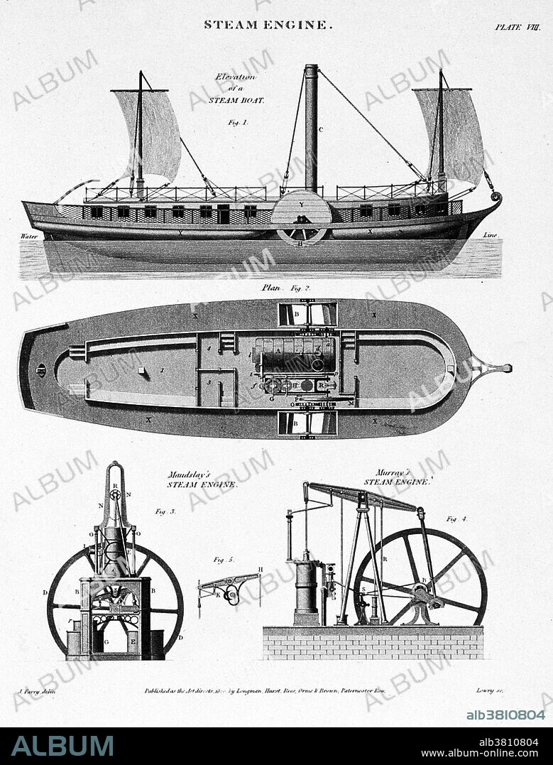 Ship-building: plan and side elevation of a paddle-steamer (top), and the steam engine (below). Historical engraving.