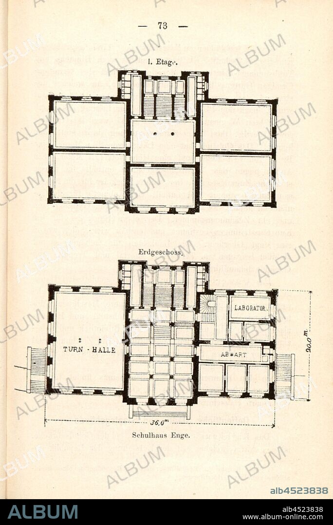 Schoolhouse Enge, Floor plan of the ground floor and the first floor of the school building Enge, p. 73, Schweizerischer Ingenieur und Architekten-Verein: Zürich's Gebäude und Sehenswürdigkeiten. Beschreibung der Stadt (...). Zürich: bei Orell Füssli & Co., 1877.