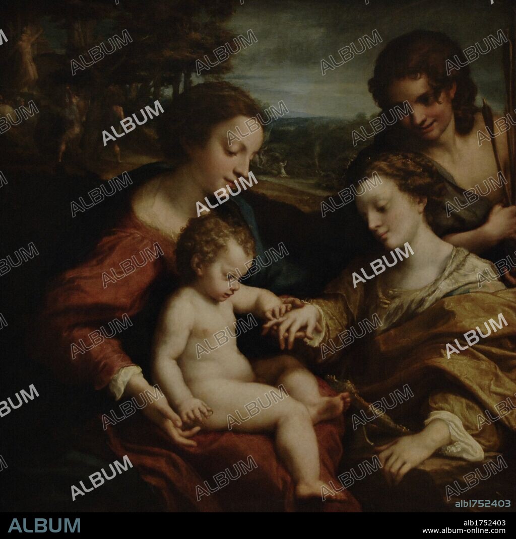 CORREGGIO. ARTE RENACIMIENTO. ITALIA. Antonio Allegri, llamado El CORREGE (1489-1534). Pintor italiano. "EL MATRIMONIO MISTICO DE SANTA CELICILIA".1525-1526. La Virgen pone el anillo en el dedo de Santa Cecilia mientas San Sebastián a la derecha de la escena, sonrie. Museo del Louvre. París. Francia.