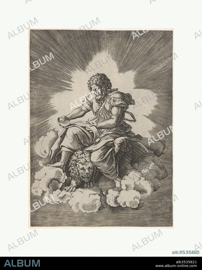 St. Mark, seated with an unfurled scroll in his hands, a winged lion's head and forefeet emerge beneath his robes, from a series of the four evangelists after Agostino Veneziano, which are in turn after Giulio Romano, after 1518, Engraving, sheet: 9 7/16 x 6 15/16 in. (23.9 x 17.7 cm), Prints, Anonymous, Italian, 16th century, After Agostino Veneziano (Agostino dei Musi) (Italian, Venice ca. 1490–after 1536 Rome), After Giulio Romano (Italian, Rome 1499?–1546 Mantua).