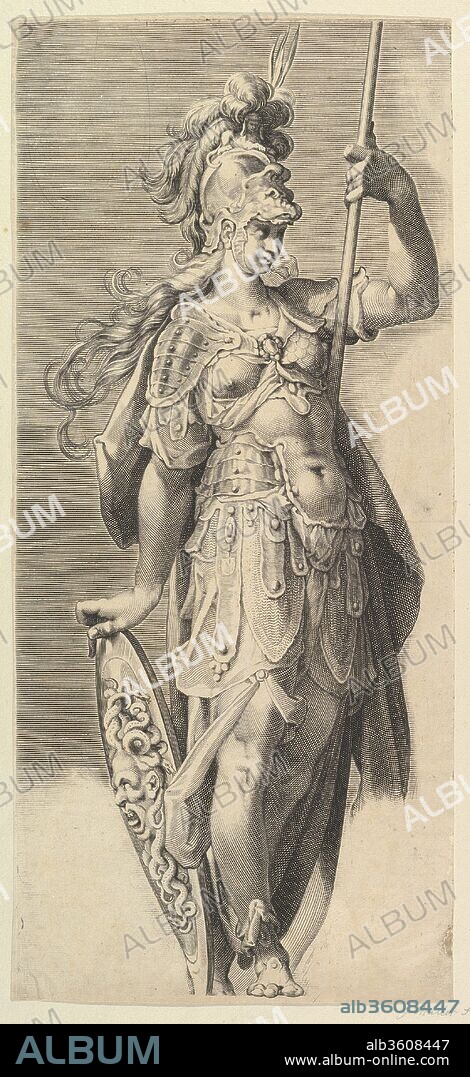 Minerva. Artist: Jan Muller (Netherlandish, Amsterdam 1571-1628 Amsterdam); Bartholomeus Spranger (Netherlandish, Antwerp 1546-1611 Prague). Dimensions: 50.8 x 23 cm. Date: ca. 1632.