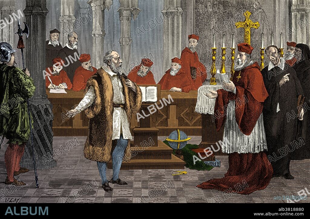 Galilei's trial for heresy by the Roman Catholic Church. Galileo Galilei (February 15, 1564 - January 8, 1642) was an Italian physicist, mathematician, astronomer, and philosopher who played a major role in the Scientific Revolution. His achievements include improvements to the telescope, important astronomical observations and support for Copernicanism. Galileo has been called the "father of modern observational astronomy", the "father of modern physics", the "father of science", and "the Father of Modern Science". In 1610 he became the first person to use a telescope to make astronomical observations. He discovered the mountains on the Moon, the four largest moons of Jupiter and numerous dim stars. He studied the motion of a pendulum and found that the swings have a constant time period. He studied gravity, showing that heavy and light objects fall at the same rate. He supported the Copernican theory that the Sun was at the center of the solar system rather than the Earth. This belief was judged heretical by the Inquisition in 1633 and he was sentenced to house arrest for the rest of his life. Suffering fever and heart palpitations, he died in 1642, at the age of 77. This image has been color enhanced.