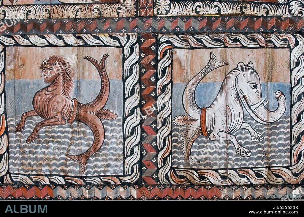 Zillis (Graubünden, Schweiz), Kirche St. Martin.-Löwe mit Fischschwanz / Elefant mit Fischschwanz.-Ausschnitt aus der Holzdecke, bemalt, um 1130/40. Größe der Bildfelder ca. 90 x 90 cm.
