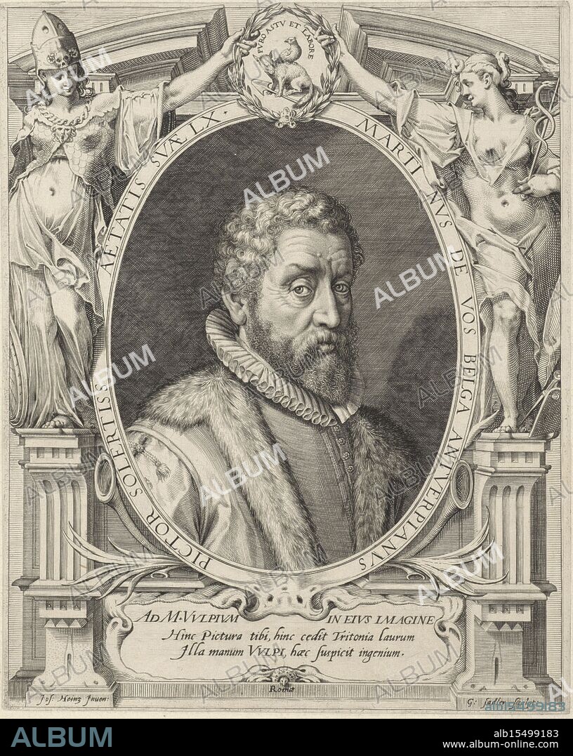 Heintz, Joseph (I), Vos, Maerten de, Rome, Sadeler, Aegidius, Portrait of Maerten de Vos at the age of 60, verso - stamped, Portrait of the Antwerp painter and draughtsman Maerten de Vos, at the age of 60. Two allegorical female figures (Rhetoric (r.) and Minerva (l)) hold a laurel wreath above the portrait. In the laurel wreath an emblem of a bird sitting on a fox., print, prints, height 288 mm, width 231 mm, South Netherlands, 1570 - 1629, print maker, printmaker, 1592 - 1592, paper, engraving, engraving (printing process), 1532 - 1603-12-04, after, after painting by, Work conception, 1564-06-15 - 1609-10-15.
